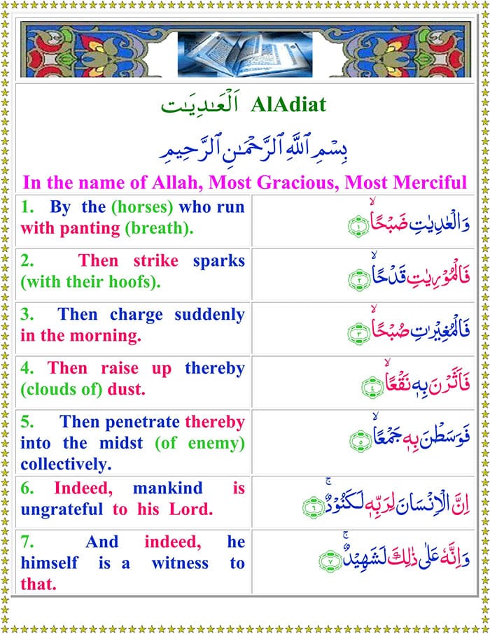 Surah Al Adiyat with English Translation | Surah Adiyat translation in English | Surah Adiyat PDF Download
